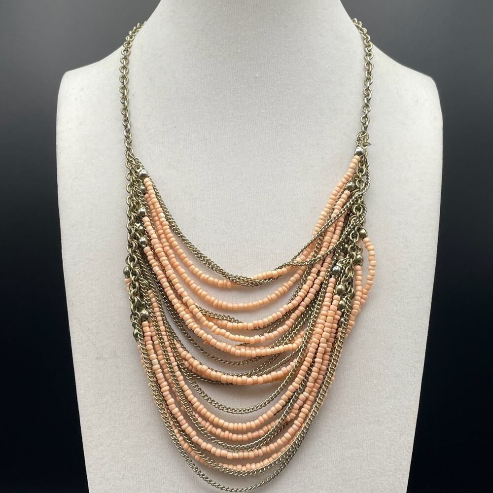 Vintage VTG Multistrand Collar Necklace Peach Seed Beads Brass Chain Aluminum